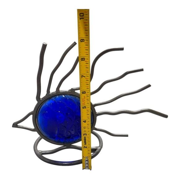 Vintage Blue Cobalt Glass Wrought Iron Fish Candle Holder Metal Art MCM Retro - Picture 4 of 5